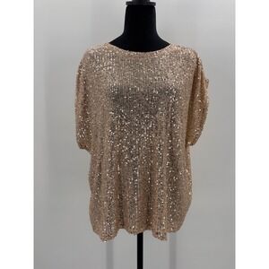 Amaryllis Women's XL Gold Sequin Knit Top Short Sleeve Sparkly Glam Party Dressy